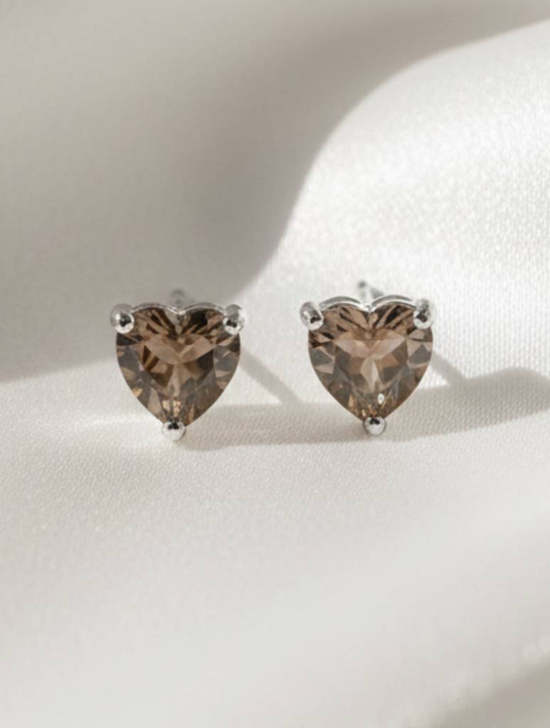 Kicky & Perky Heart-Cut Natural Smoky Quartz Stud Earrings In 925 Sterling Silver : VSILSME032