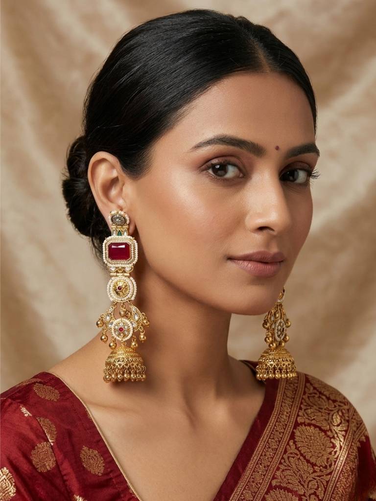 Gold-Plated Kundan And Stone Long Chandbali Jhumka Earrings : VI26EROX100342