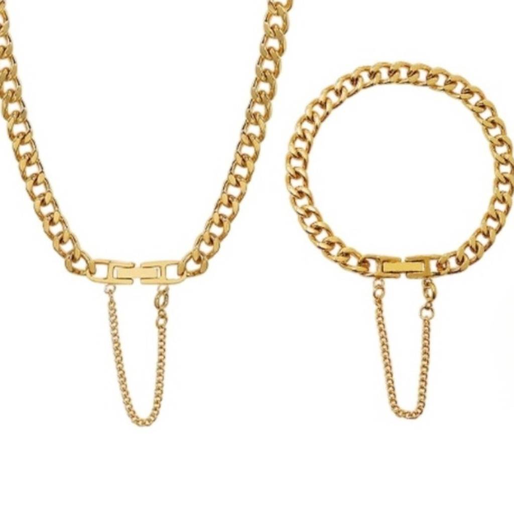 18K Gold Plated Waterproof Antitarnish Titanium Steel Cuban Chain Bracelet And Necklace Set : AFT0924NS046GC