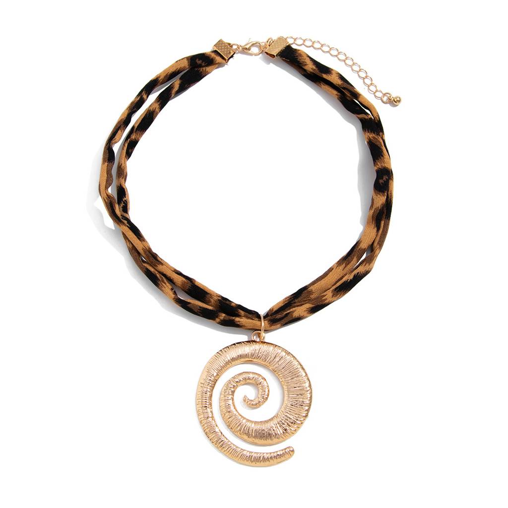 Boho Style Leopard Print Fabric And Spiral Pendant Necklace : ADN0525N7099