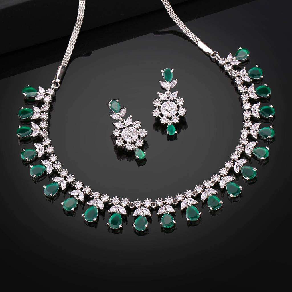 Estele Rhodium Plated Cz Glamorous Necklace Set With Green Stones For Women : AD-708-IR-GNNKER