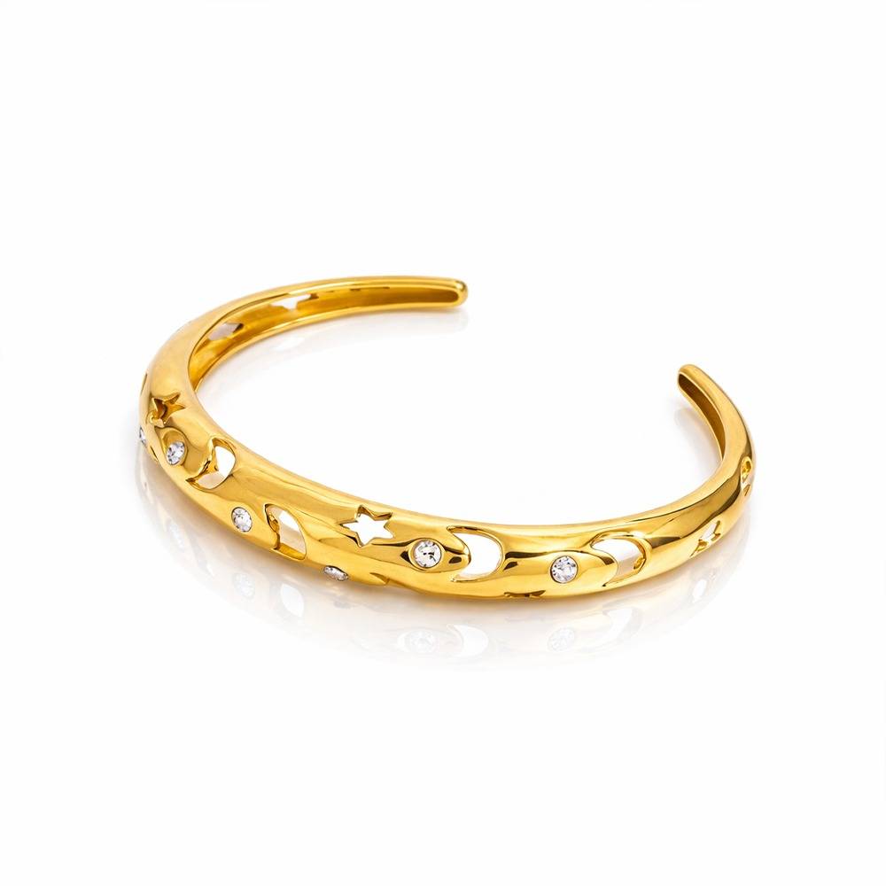 Gold-Plated Crystal Studded Celestial Cutwork Cuff Bracelet : 101049
