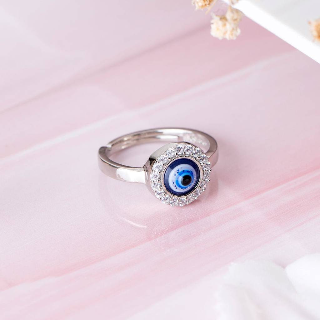 Mystic Ward Evil Eye Cz Rhodium Plated 925 Sterling Silver Ring (Adjustable) : RNG-40248-R
