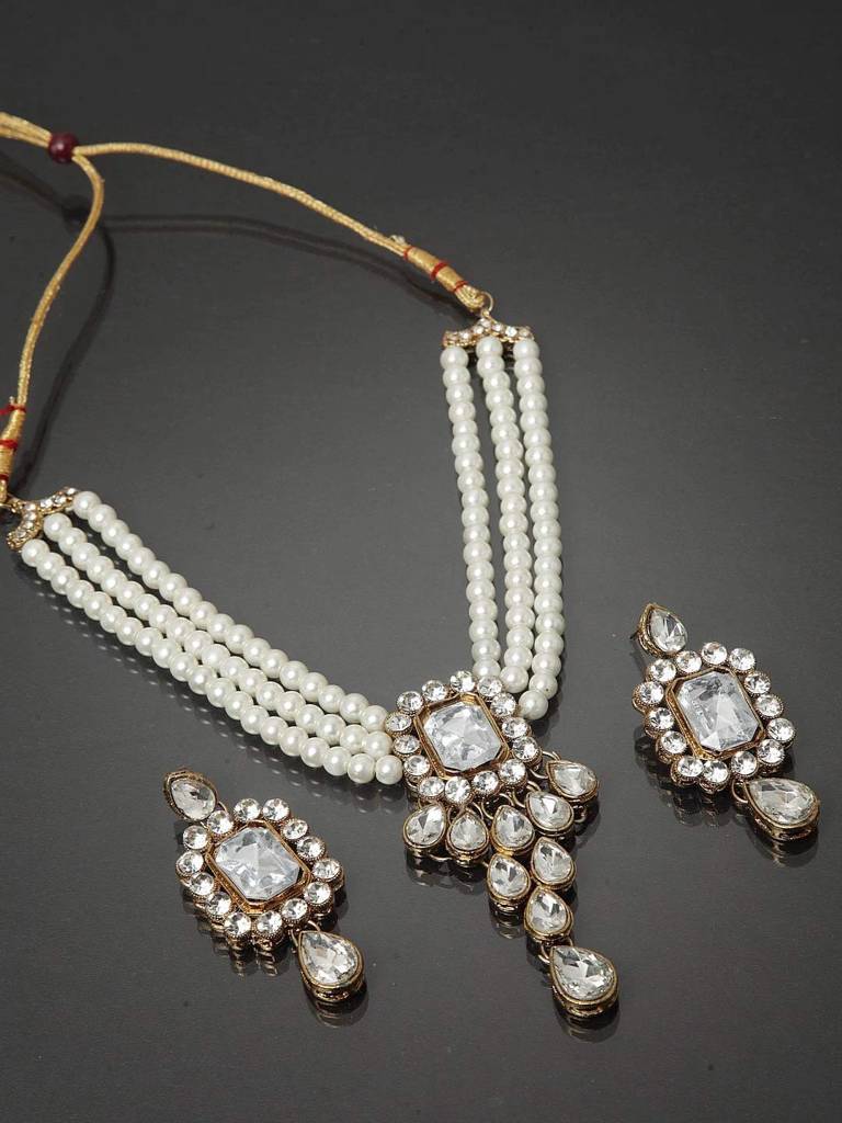 Peora Crystal Pearl Necklace Earring Traditional Jewellery Set Gift For Women Girls : PF24N01W