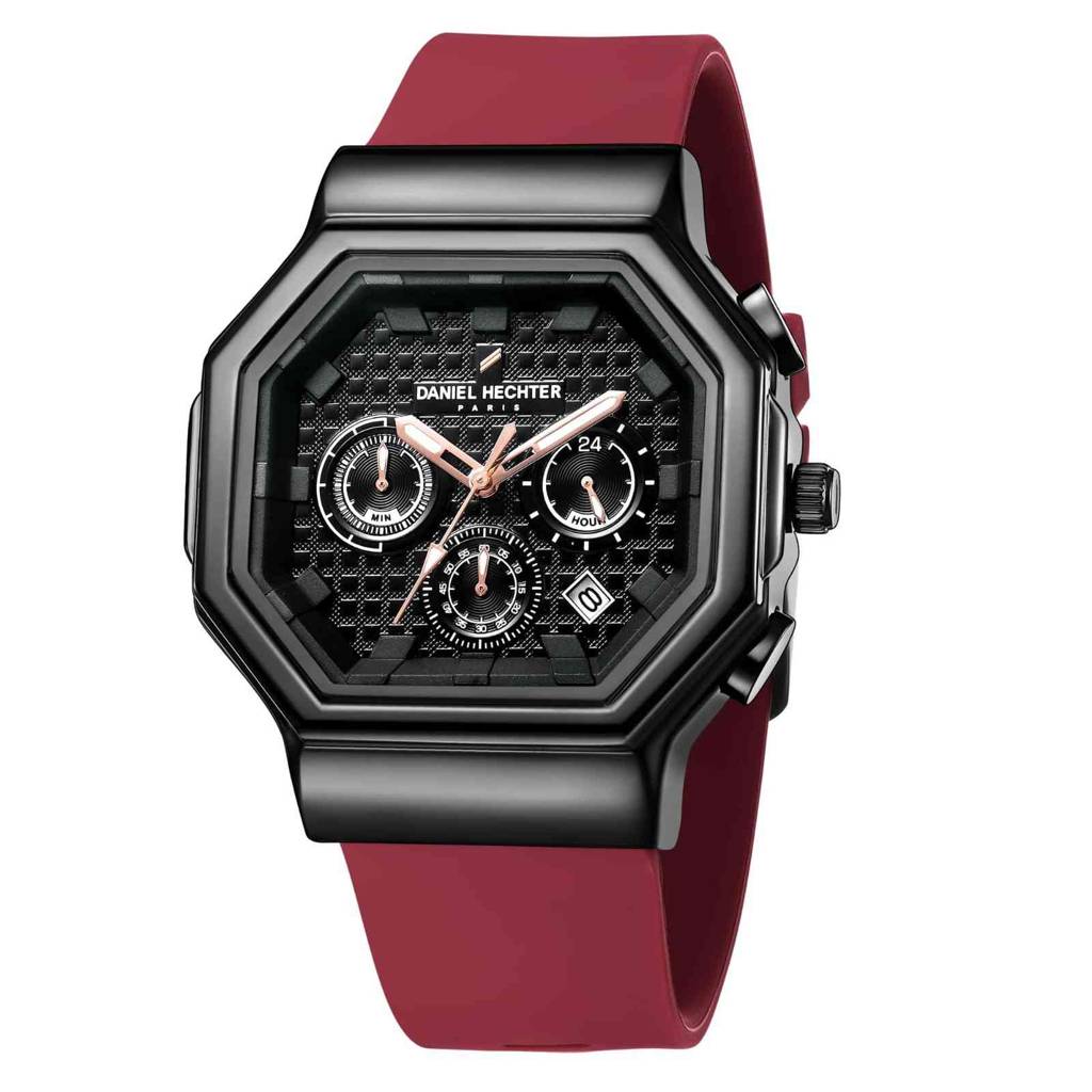 Daniel Hechter Paris Daumesnil Collection Analog Watch For Men Hexagonal Chronograph Watch Black Textured Dial,  : DHM1018-03X