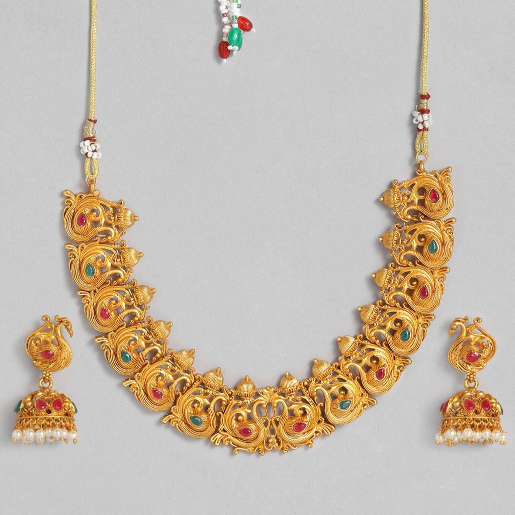 Estele Gold Plated Holy Swan Nakshi Temple Necklace Set With Crystals And Pearls For Women : OS-HR11-MEHNKER