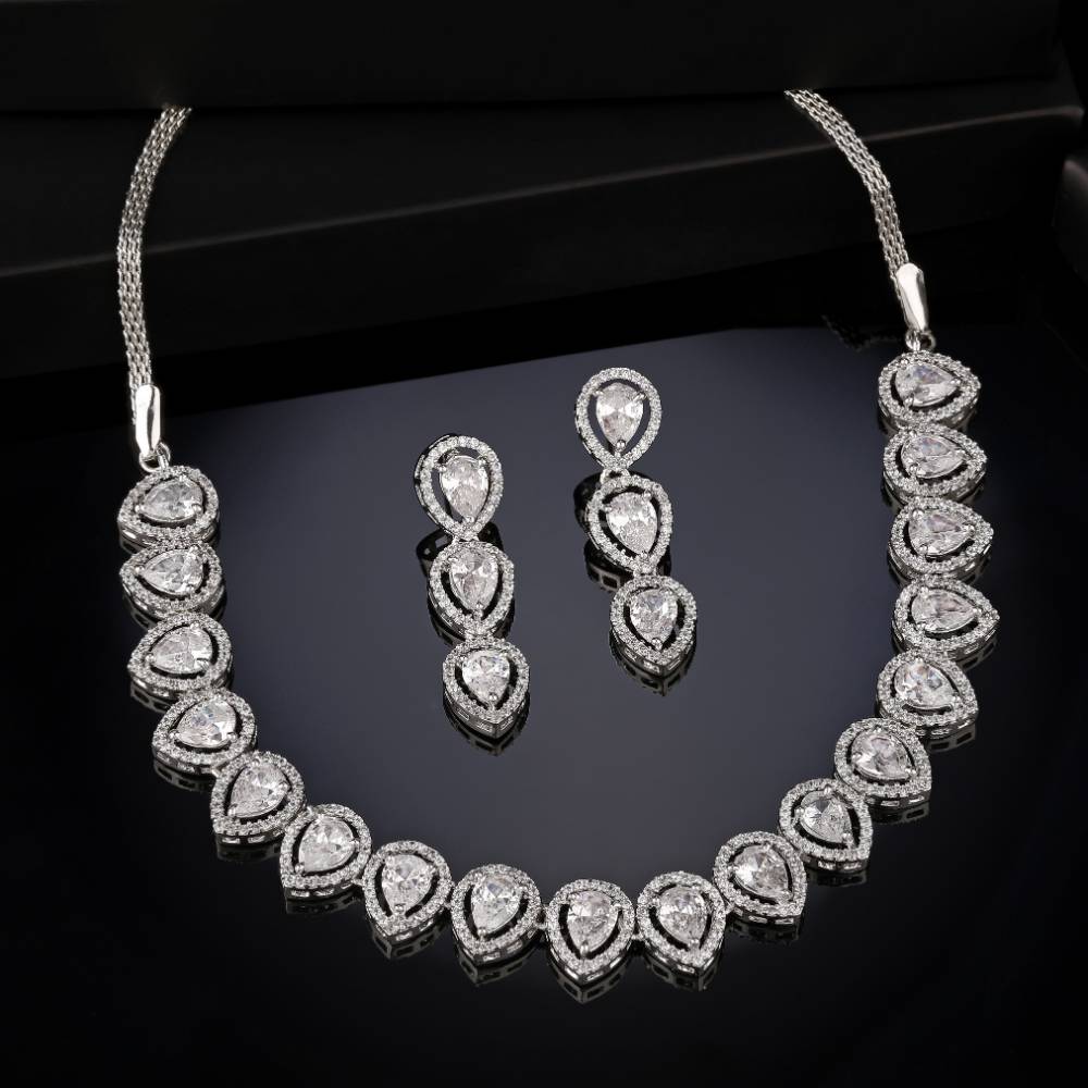 Estele Rhodium Plated Cz Precious Pears Necklace Set For Women