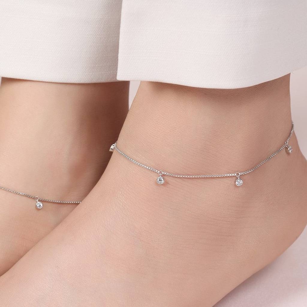 Zavya Drop Rhodium Plated 925 Sterling Silver Anklet : ANK-60104-PAIR