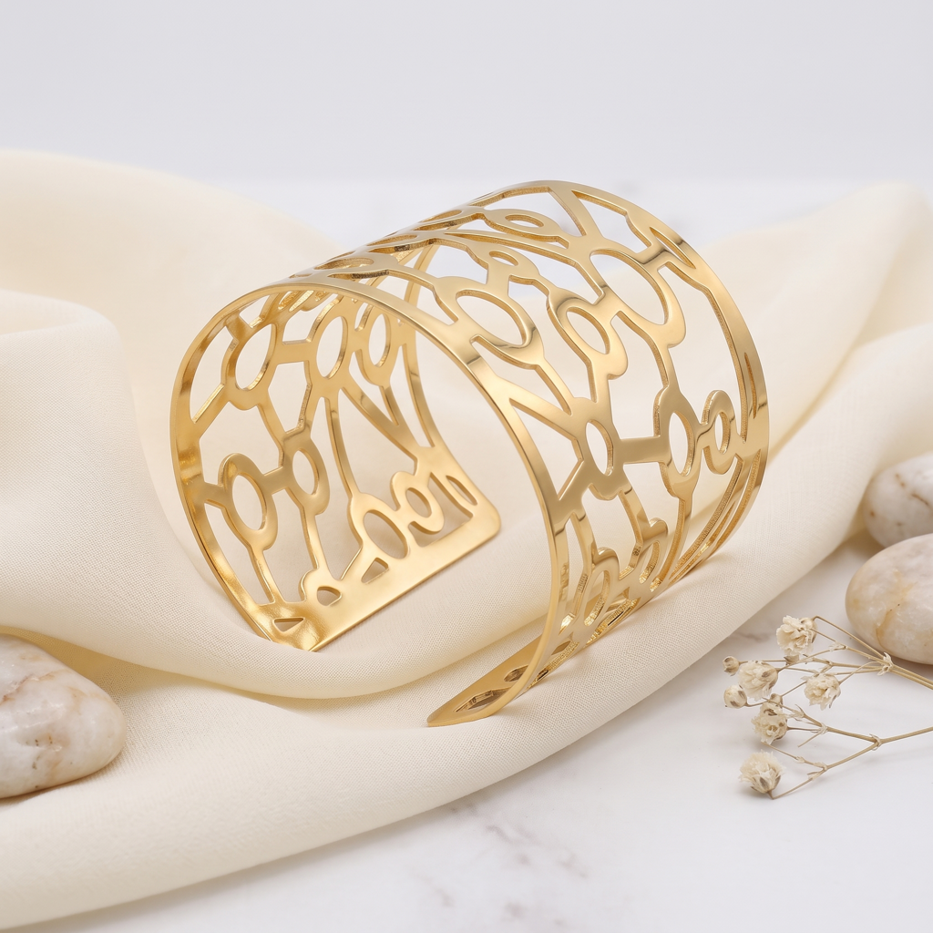 Gold Toned Brass Web Cutout Cuff Bangle : SCDELBG0502