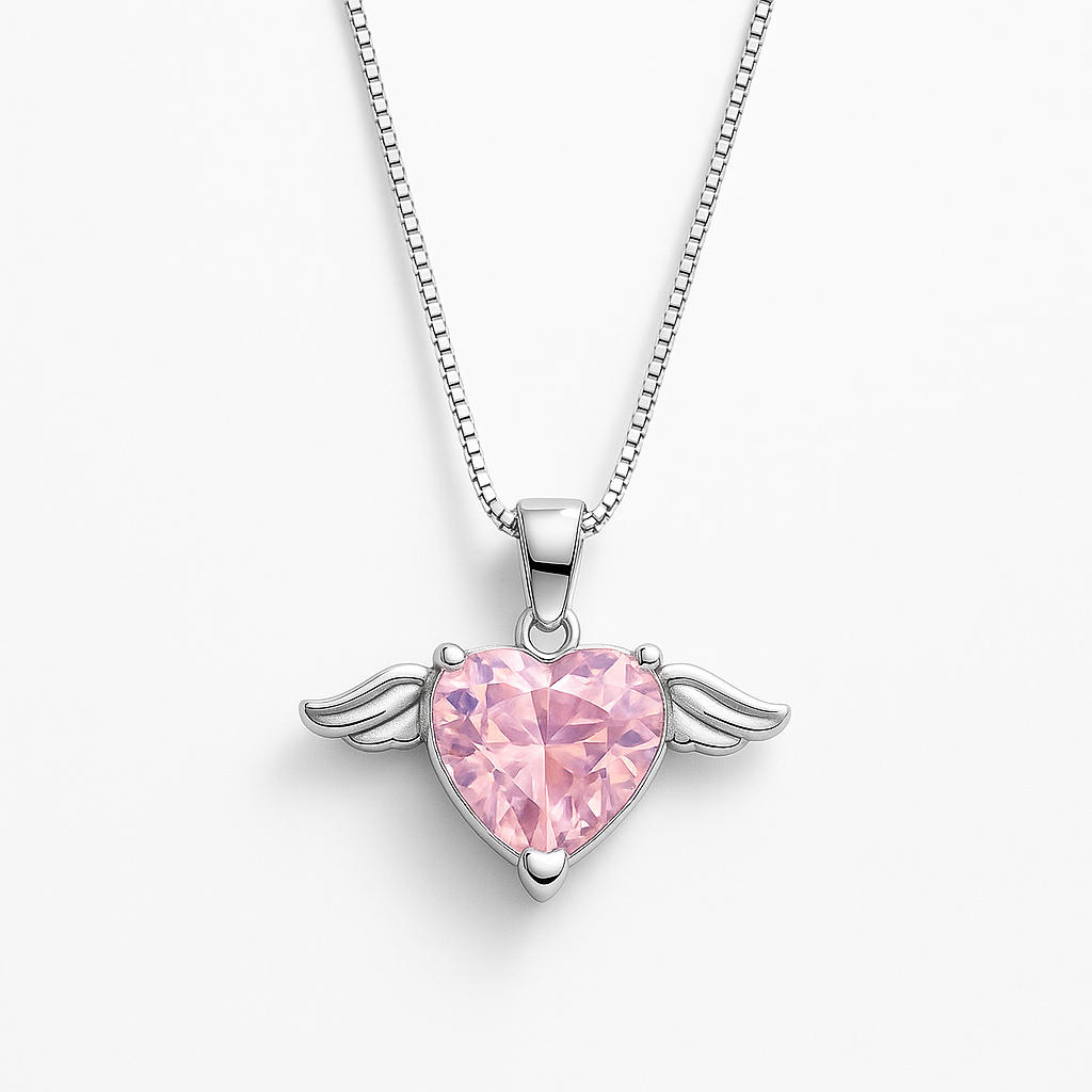 Angel Wings Heart Sterling Silverangel Wings Pendant Charm Lite Pink Cz Pendant Charm : PD-70025-R