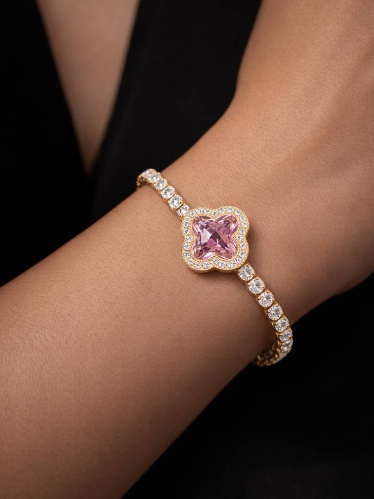 Pink Clover Gold Bracelet | 18K Gold Plated Cz Tennis Bracelet : S925B741PGCSB