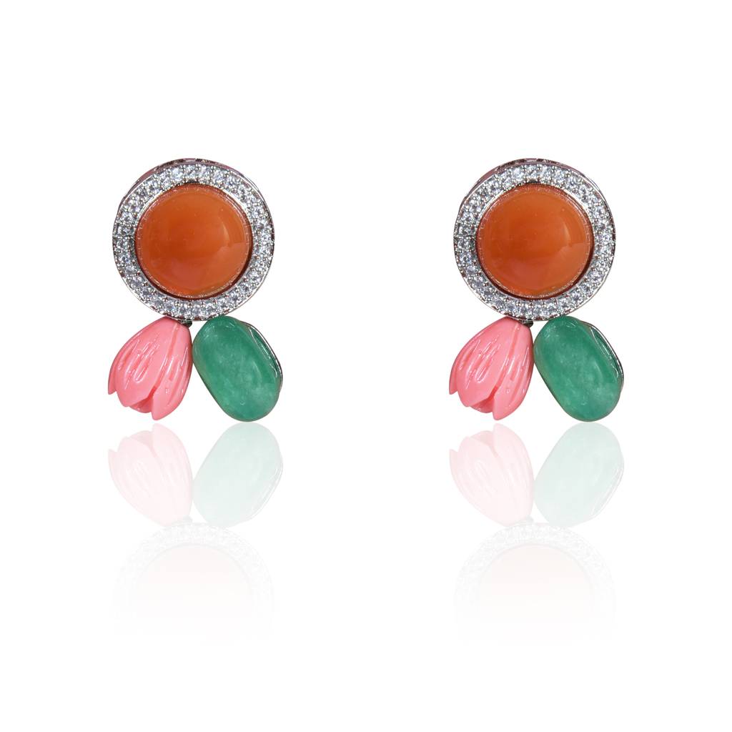 Red Onyx With Coral And Green Tumble Stud Earrings : IE935