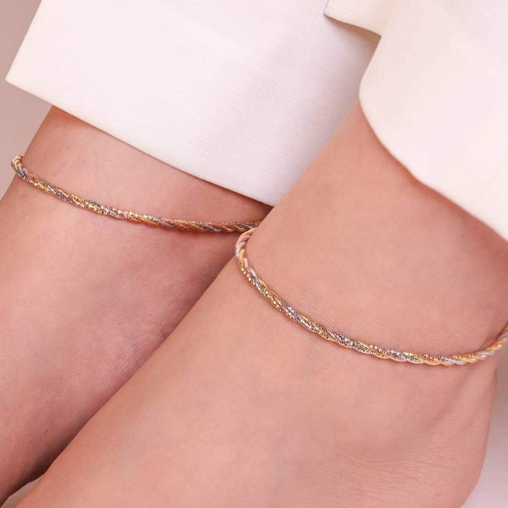 Twisted Triple Toned 925 Sterling Silver Anklet : ANK-60071-PAIR
