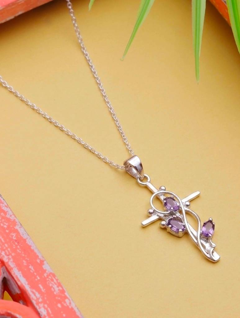 925 Sterling Silver Amethyst Pendant With 18 Inch Chain Handmade Gemstone Necklace For Women Elegant Jewelry Gift : FU-1054