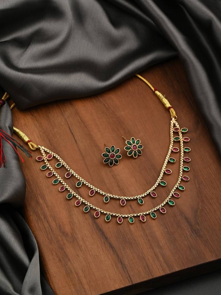 Gold Plated Delicate Double Layered Necklace Set : S24MRNKS485MLT