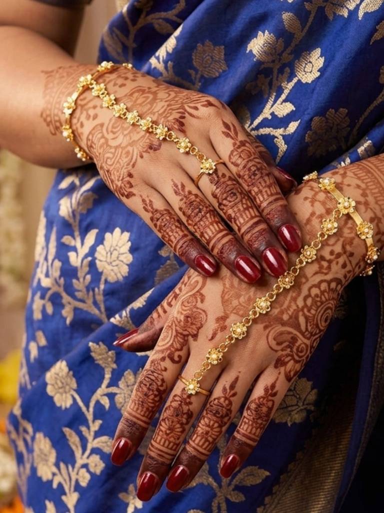 Gold-Plated Floral Pearl Adjustable Bracelet With Finger Ring Hand Harness Hathphool : VI26BC100105