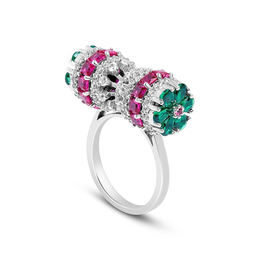 Silver Ruby Emerald Barrel Ring : R001-WH-R-13