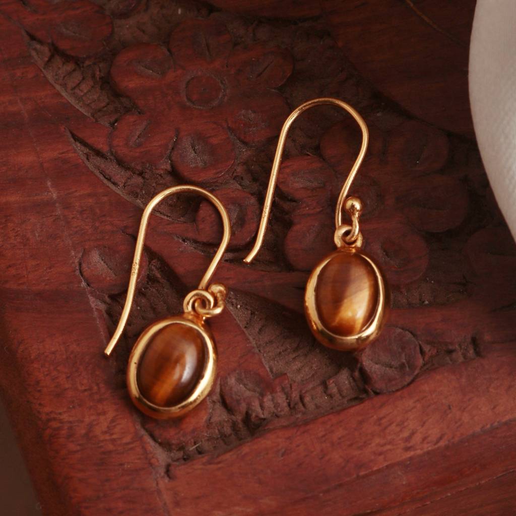 925 Sterling Silver Gold Plated Tiger Eye Earrings For Women | Natural Tiger Eye Gemstone Jewelry | Elegant Handcr : FU-0292-G