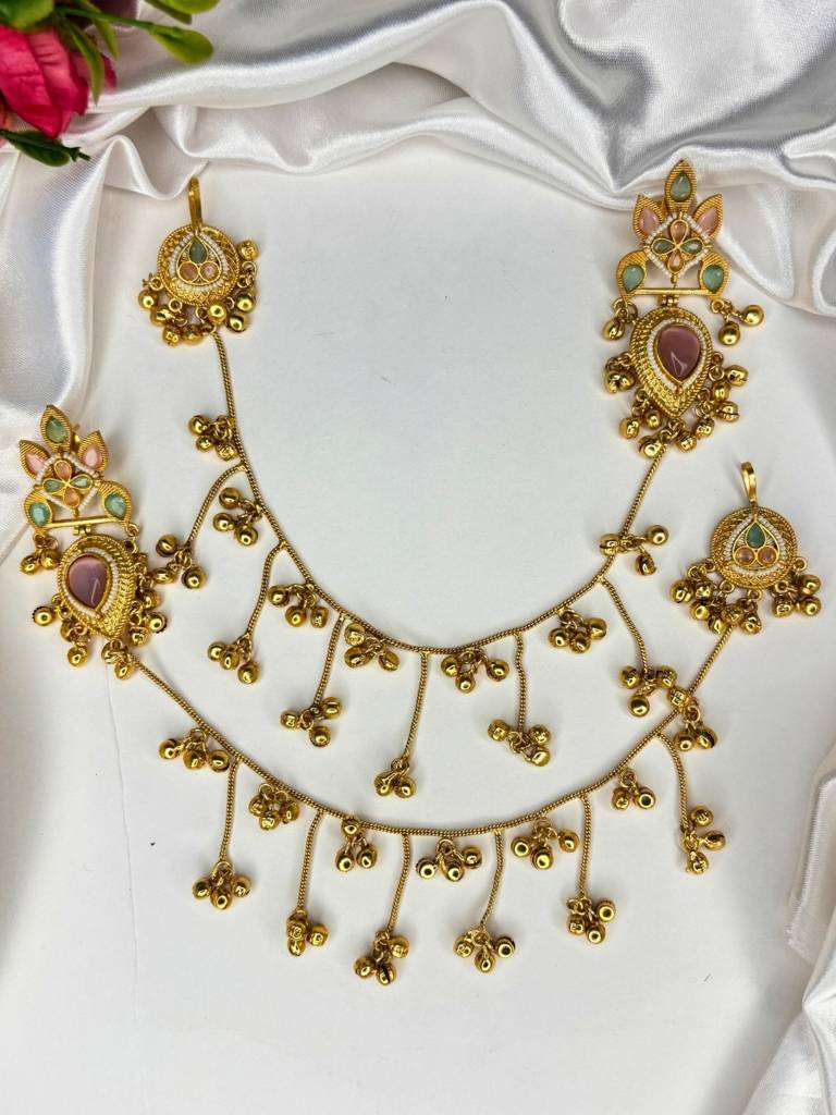 Gold-Plated Premium Kundan Red Stone-Studded Kan Chain Earrings : VI26EROX100371