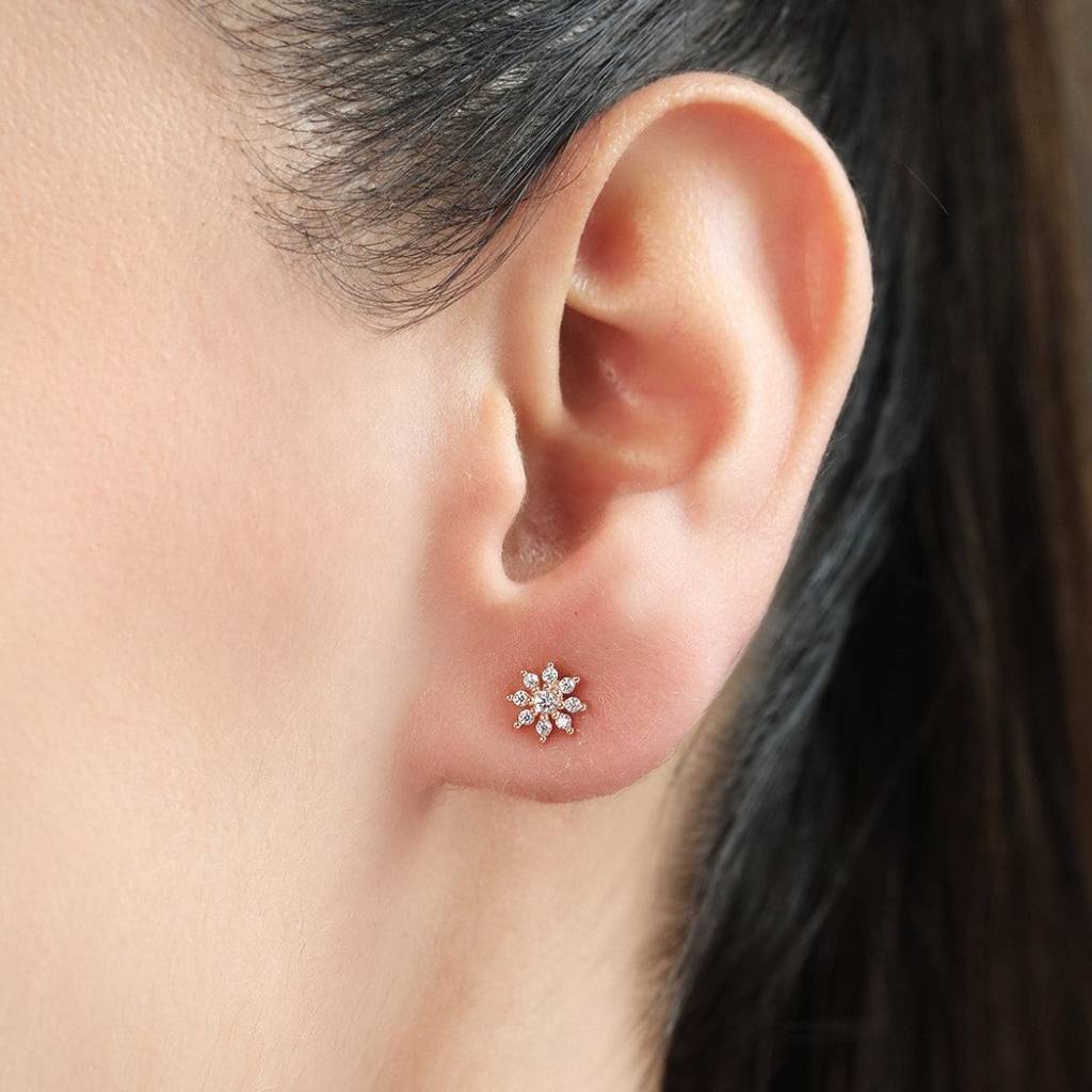Cz Studded Floral Rose Gold 925 Sterling Silver Stud Earrings : EAR-20171