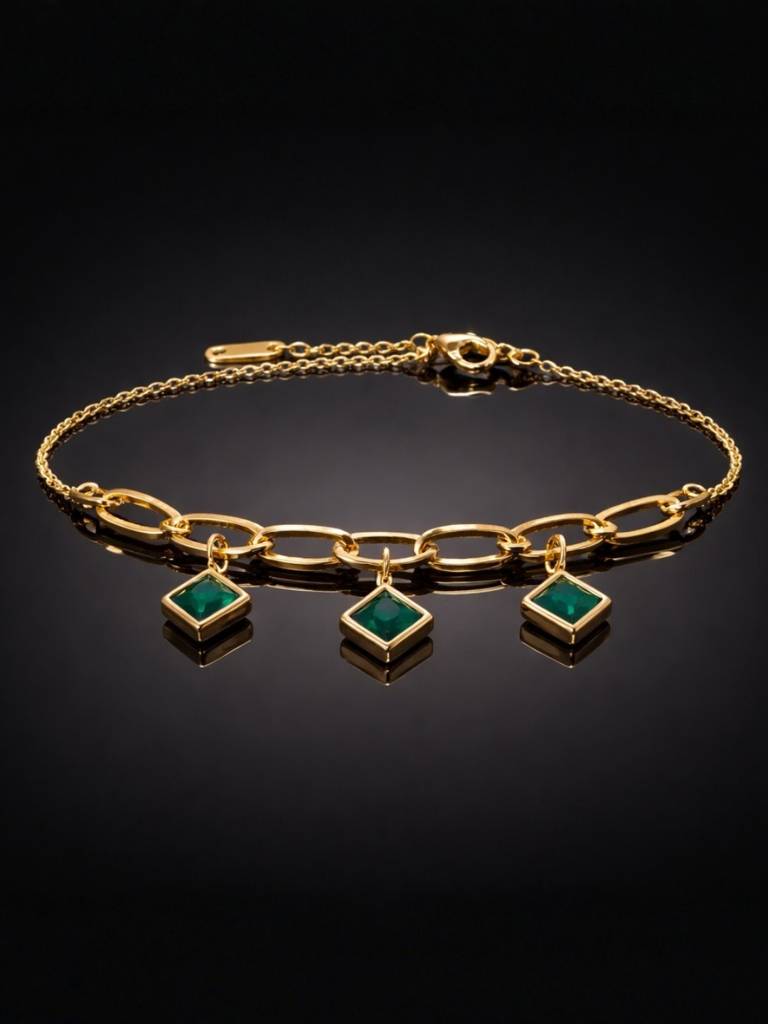 Quad Emerald Green Charm Bracelet | 18K Gold Anti-Tarnish Jewelry : ATCB751QGCB