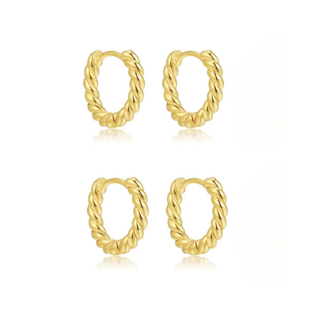Set Of 2 Pairs Of 18K Plated Waterproof Anti-Tarnish Twisted Hoop Earrings : AWU0125E361GC4