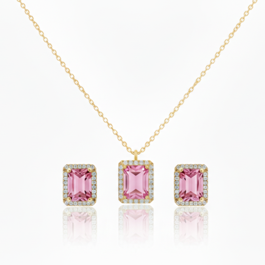 Royal Pink Square Diamond Necklace For Women | Elegant Pink Crystal Square Pendant Jewellery : 5979558320