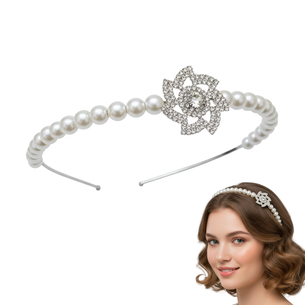 Pearl Headband For Women – White Faux Pearl Hair Hoop With Crystal Flower Accents – Elegant Bridal Hair Accessori : M4SK-HB-14