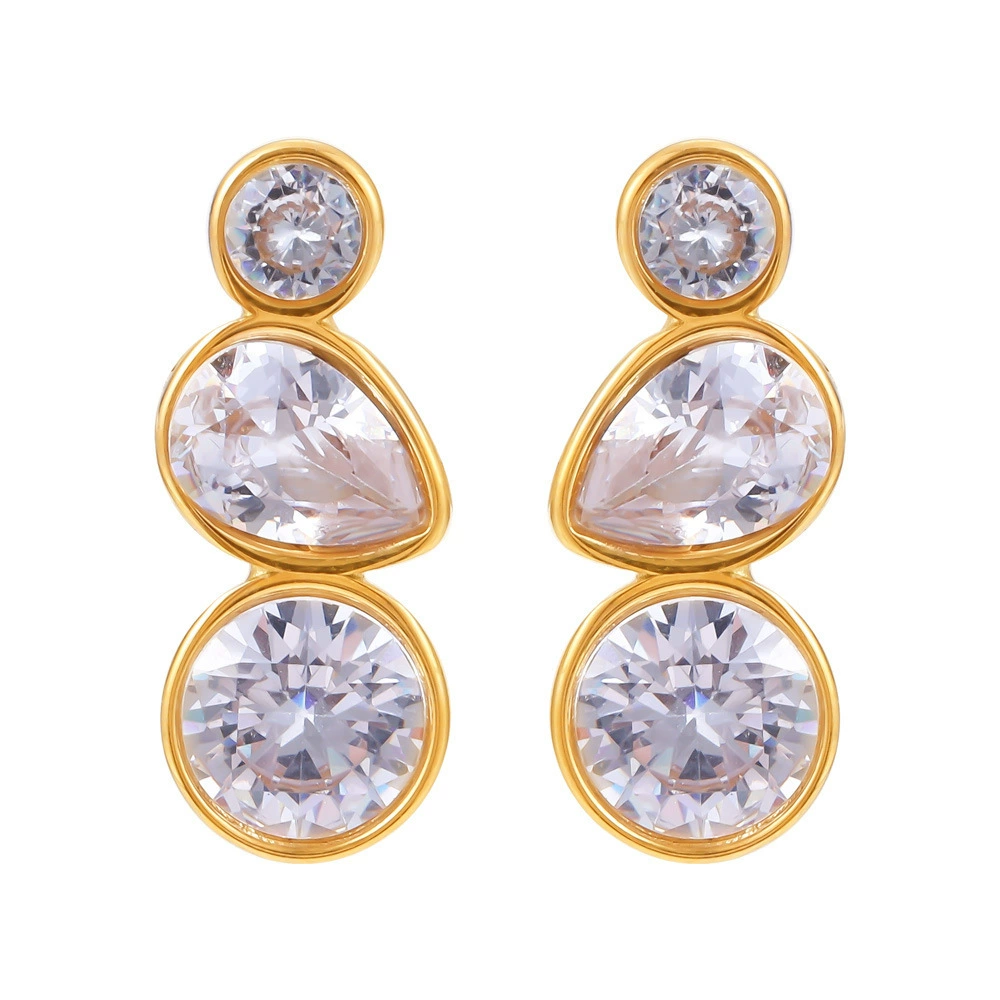 18K Gold Plated Anti-Tarnish Triple Oval Zircon Drop Earrings : ALL0725E664G