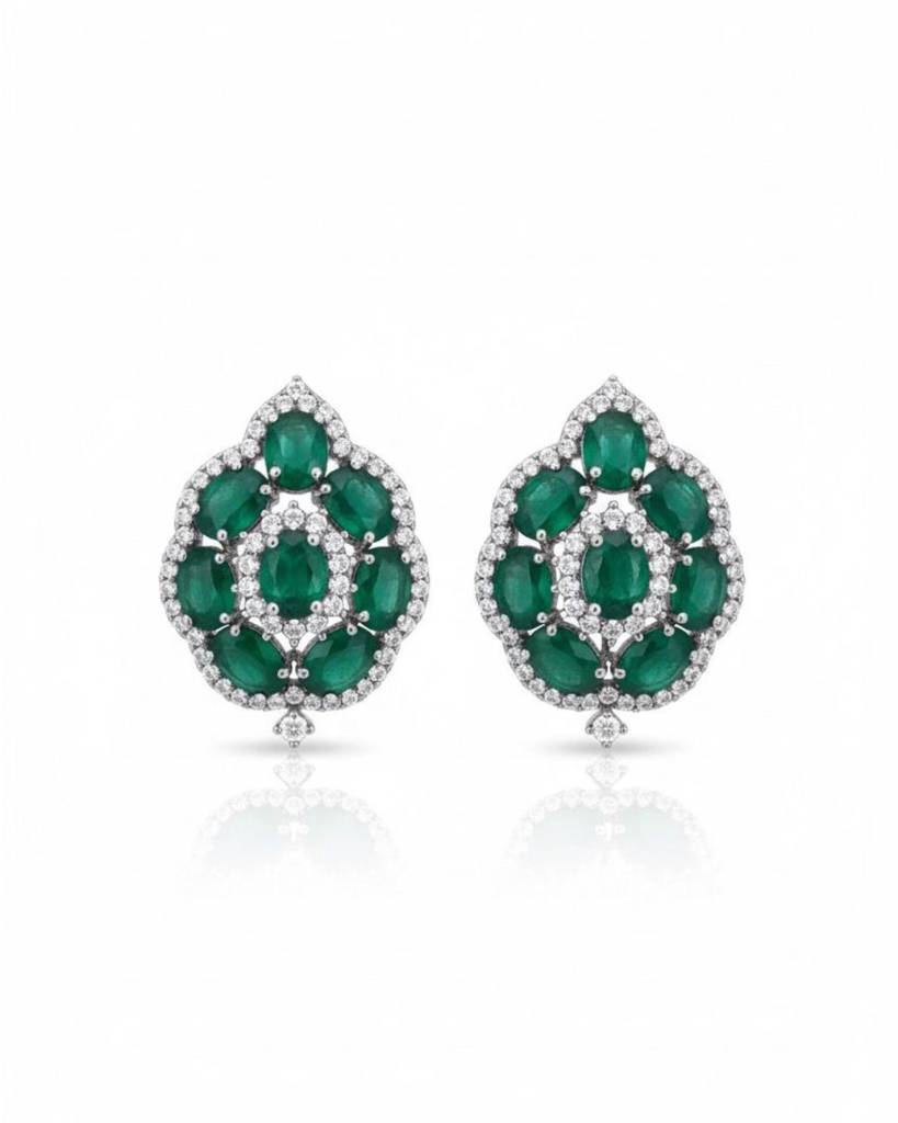 Emerald Cabochon Cluster Studs (Rhodium Finish) : sis43