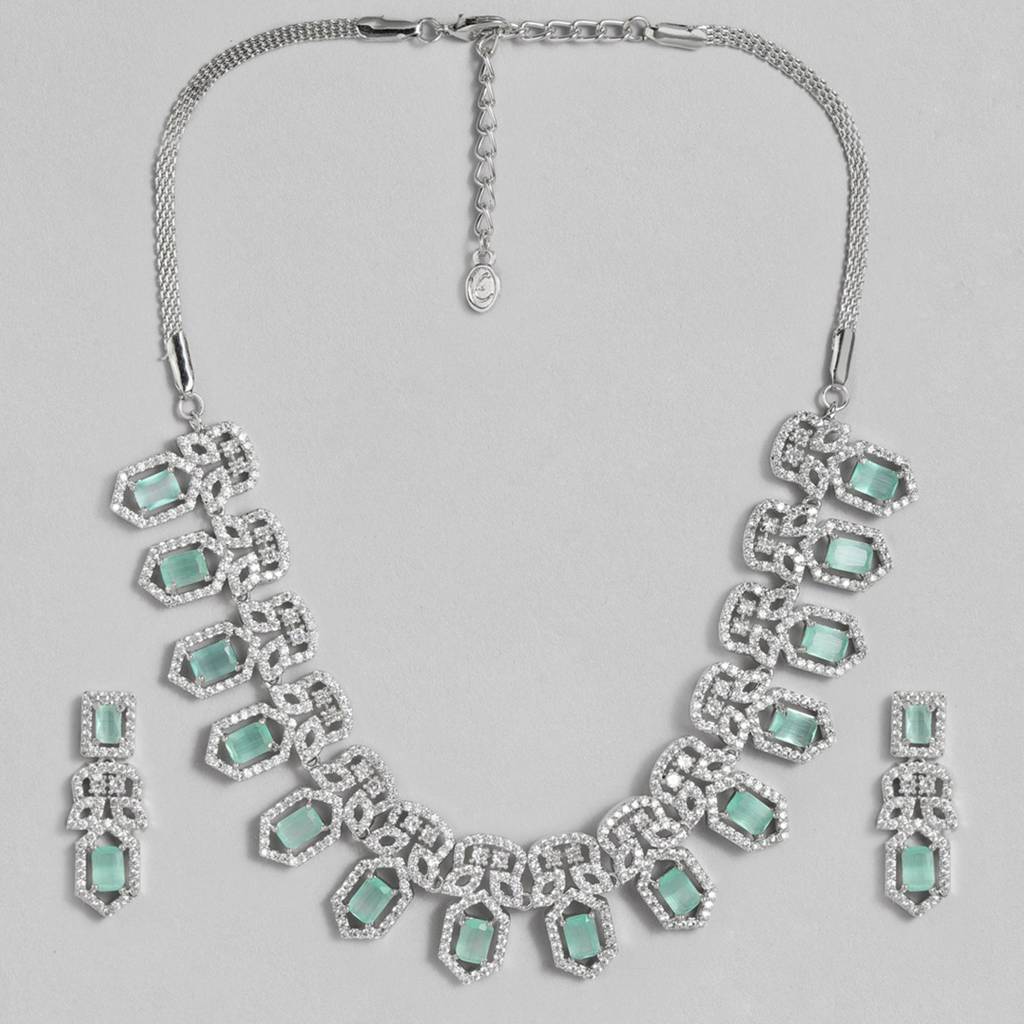 Estele Rhodium Plated Cz Shimmering Necklace Set With Mint Green Crystals For Women : AD-703-IR-MGNKER