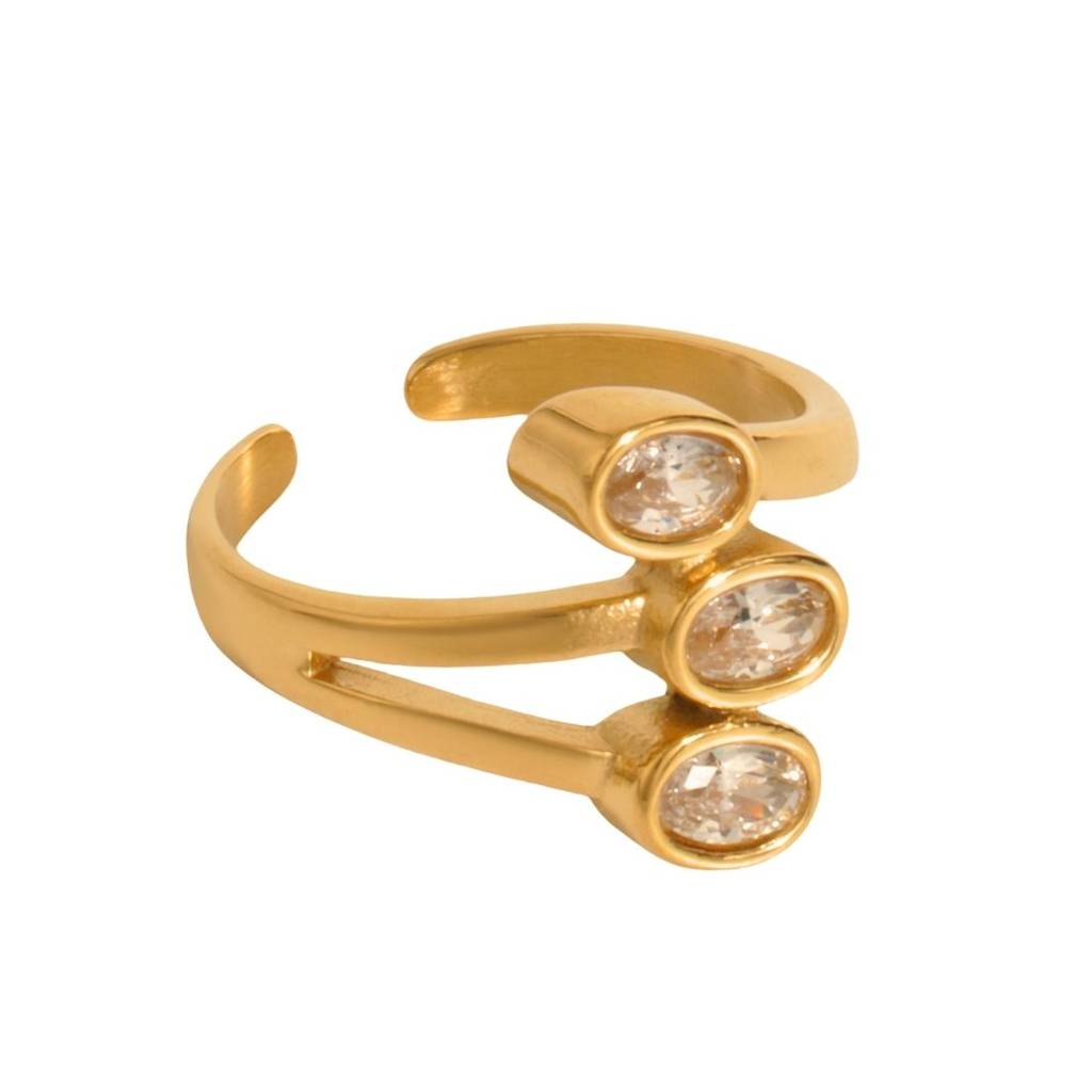 18K Gold Plated Waterproof Antitarnish Titanium Steel 3  Glass Stone Ring : AFT0924R506WH6