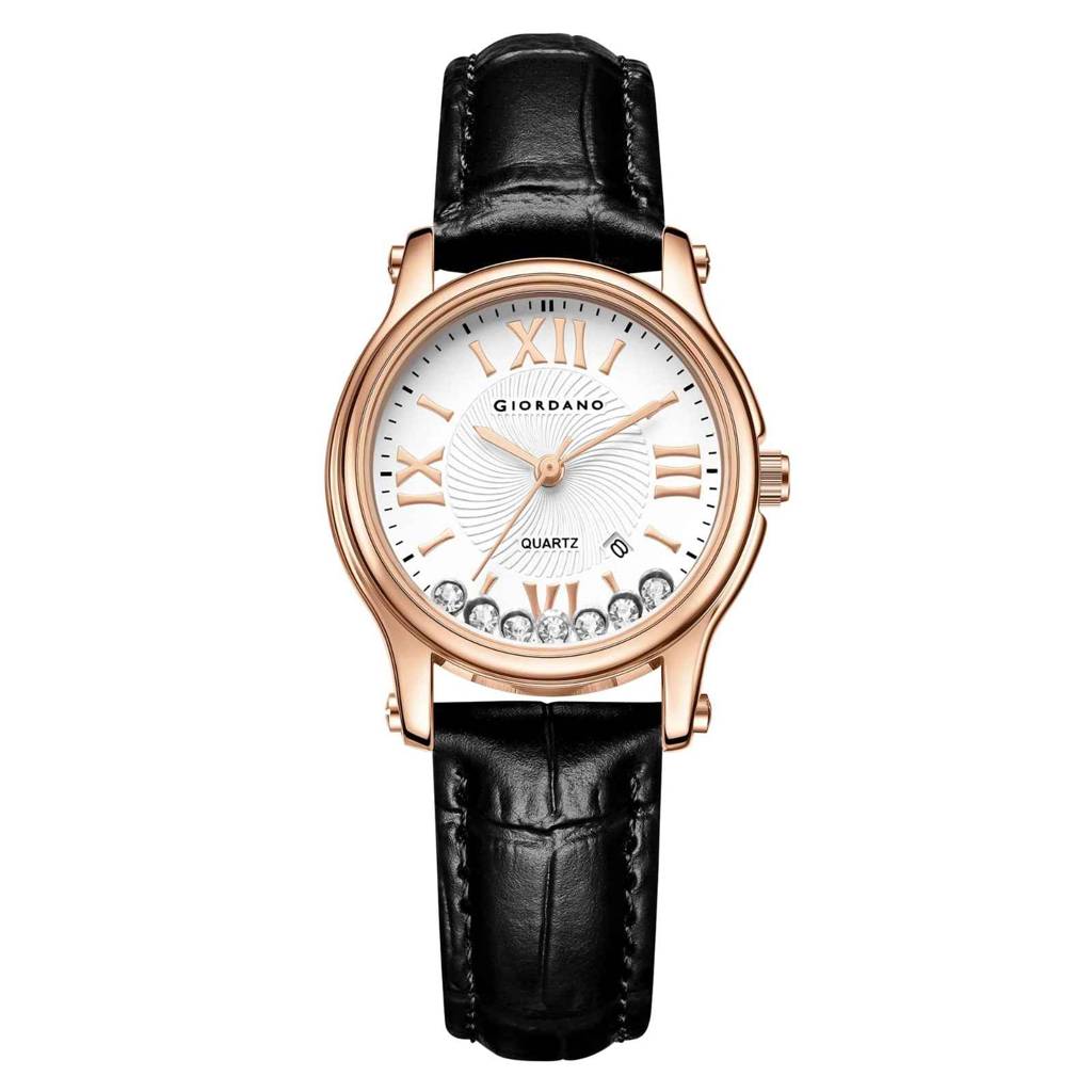 Giordano Luxury Analog Quartz Watch For Women Â Rose Gold Case, Roman Numerals, Crystal-Studded Dial, Leather  : GZ-60142-11