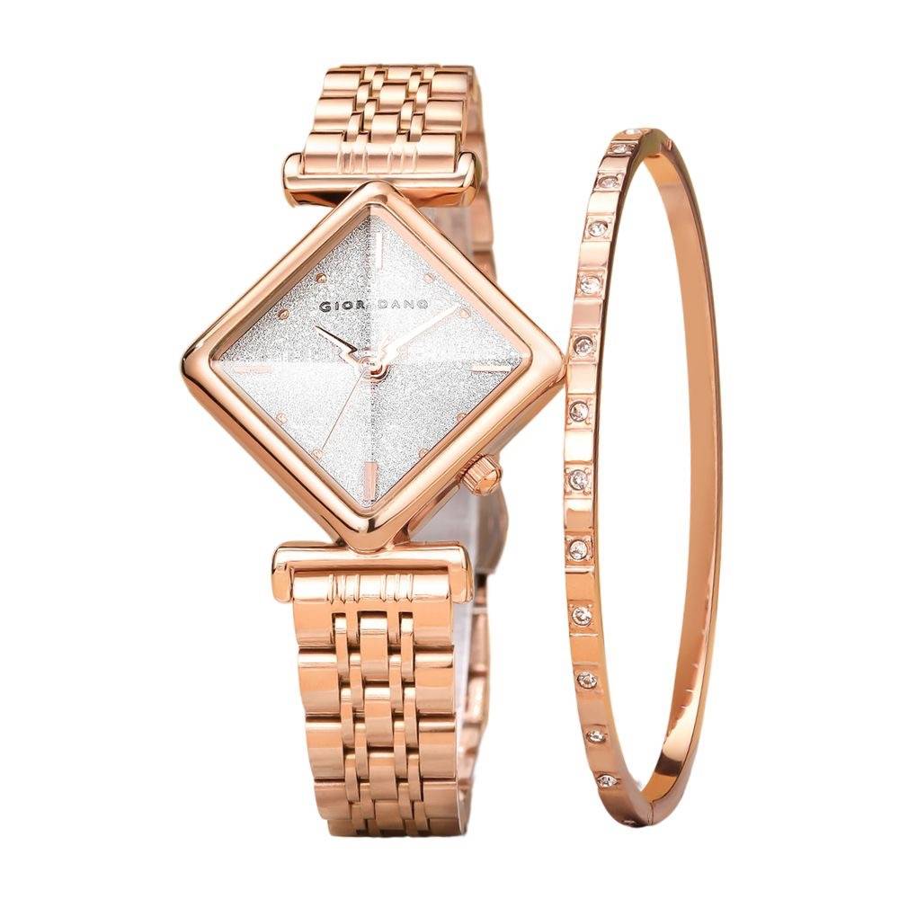 Giordano Rose Gold Analog Watch For Women With Bracelet Set – Diamond-Shaped Shimmer Dial, Crystal Detailing & S : GZ-60106-11