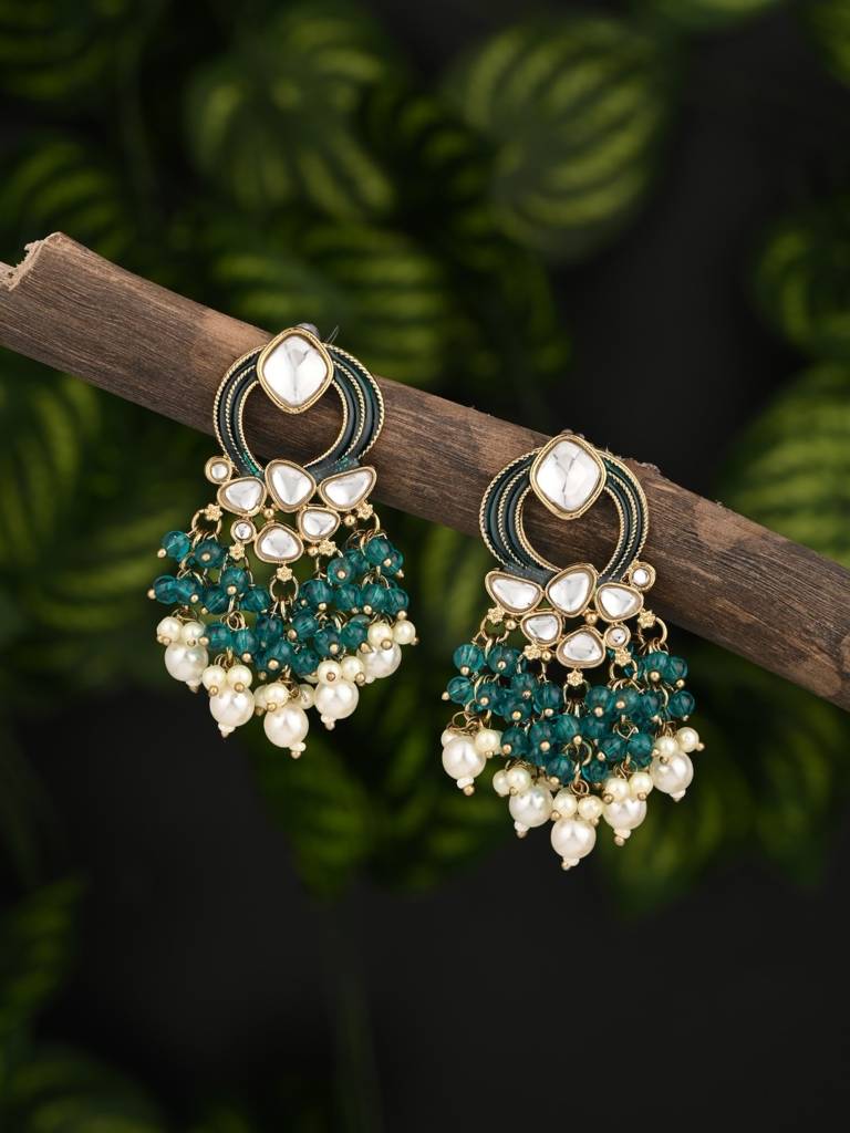 Gold-Plated Meenakari Stud Earrings With Kundan & Pearl Cluster Drops : S24FAER408TEA