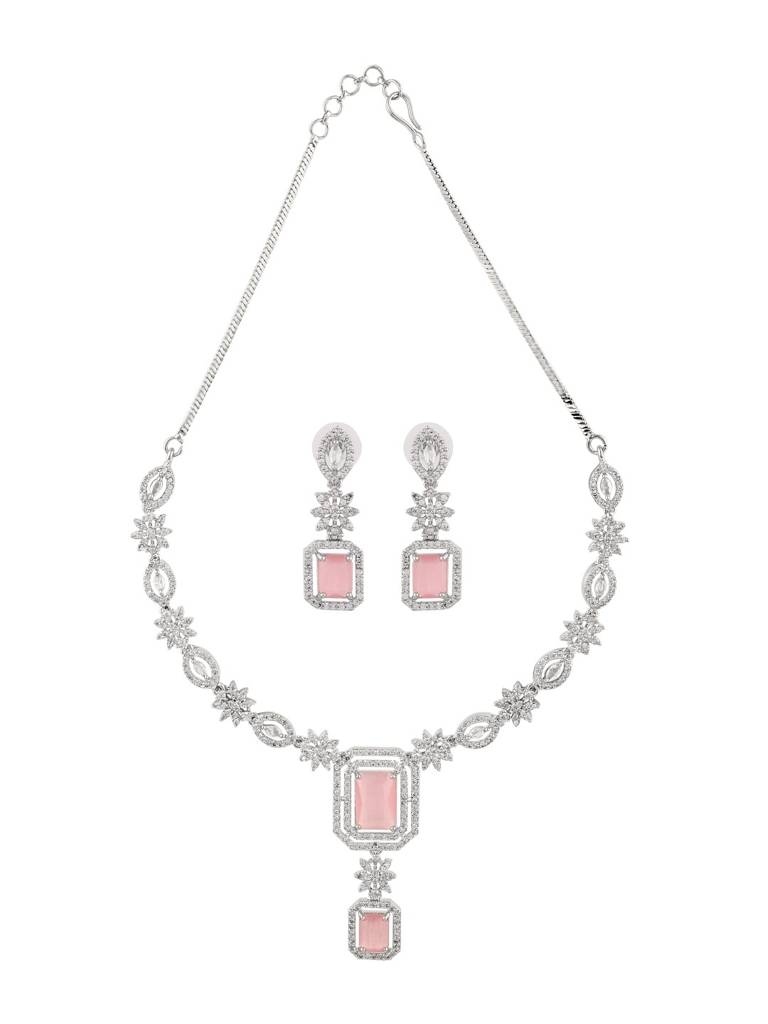Elegant Pink Stone Necklace Set With Drop Earrings For Women : SUNDARIPINK-JS