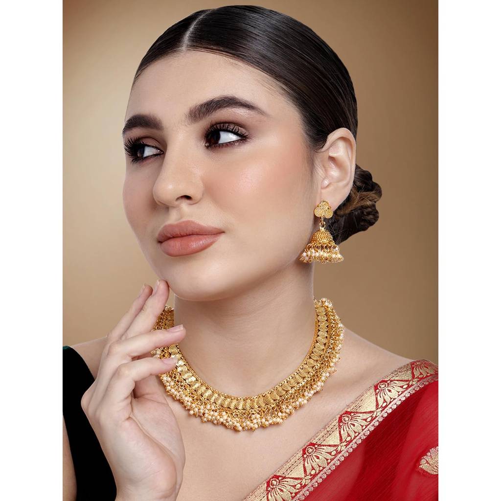 Peora Traditional Gold Plated Brass Alloy Rice Pearl Studded Festive Bridal Short Necklace Choker With Jhumki Earri : PF04N107