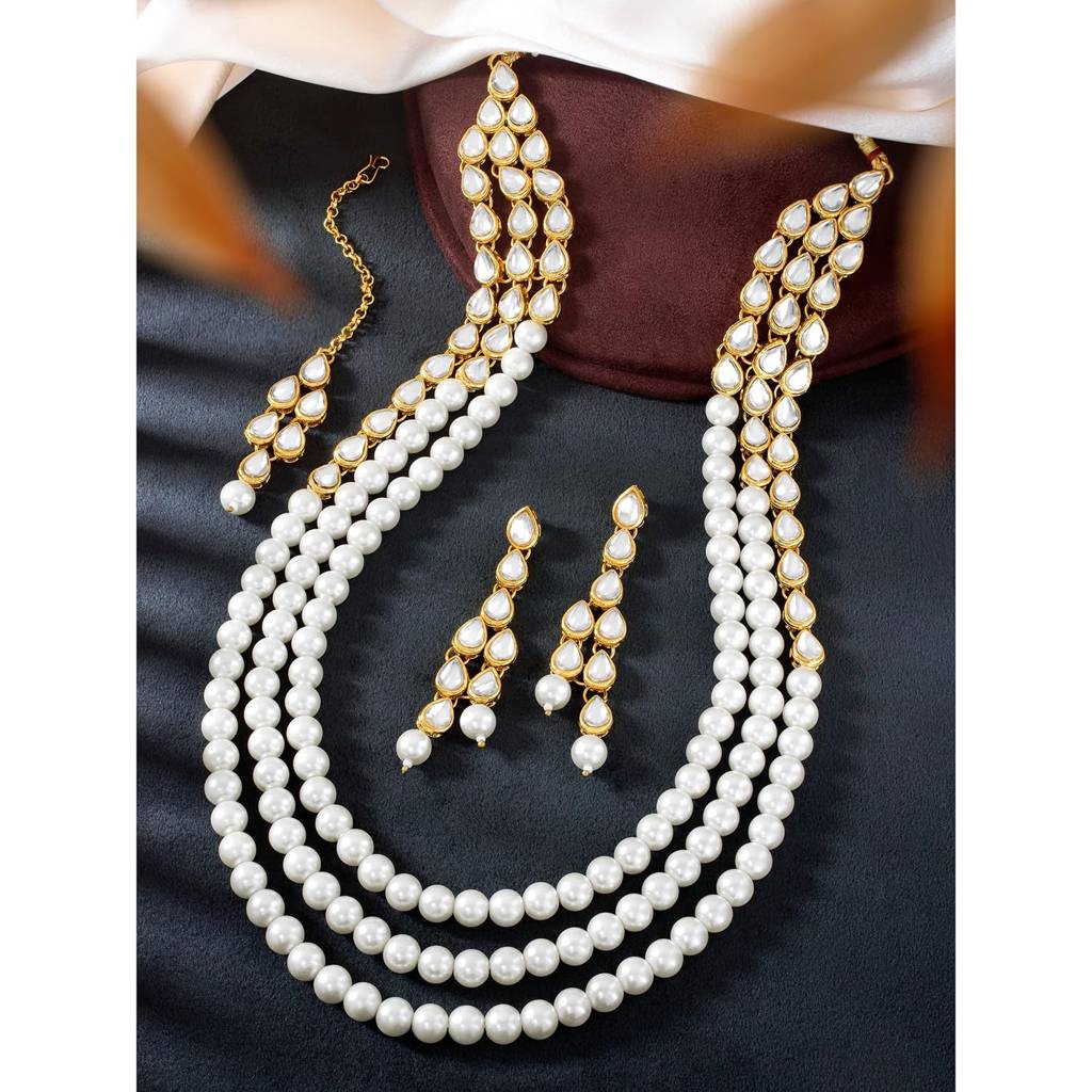 Peora Gold Plated Kundan Pearl Long Necklace Earring Mang Tika Jewellery Set For Women : PF25N093W