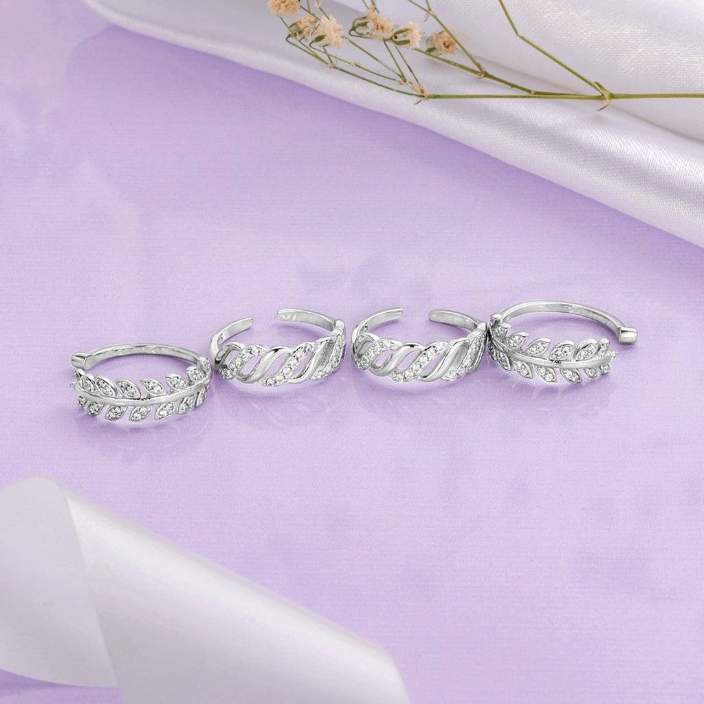 Leafy Waves Rhodium Plated 925 Silver Toe Ring Combo : CTOE-10004
