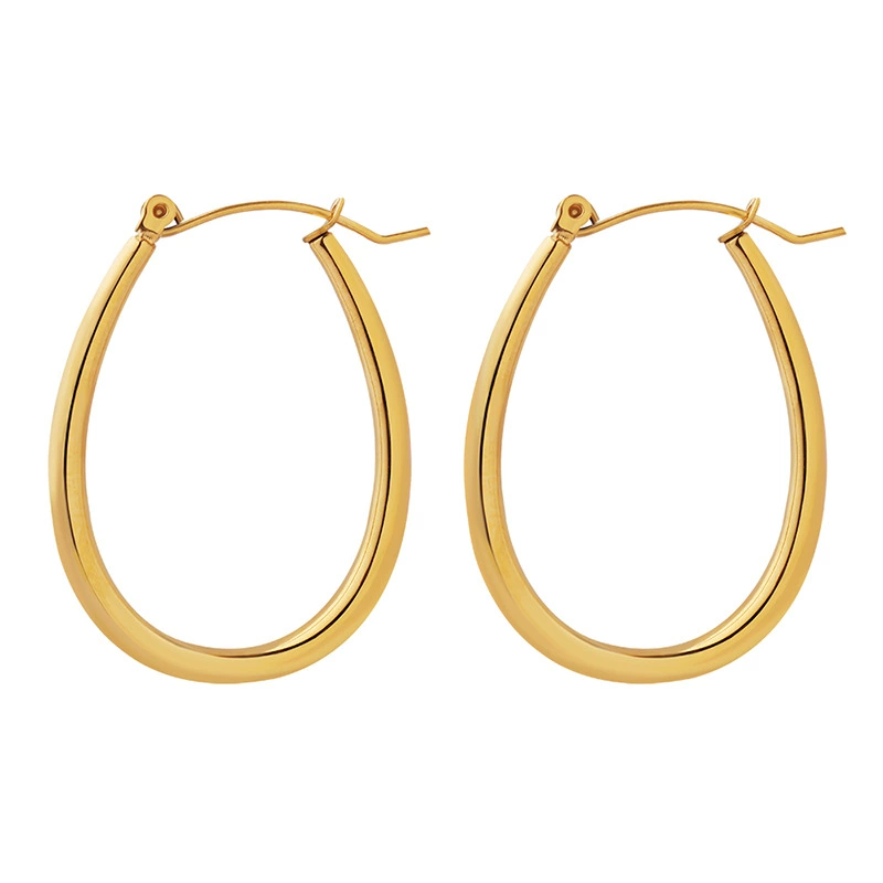 18K Gold Plated Waterproof Anti-Tarnish Oval Long Hoop Earrings : ALL0725E071
