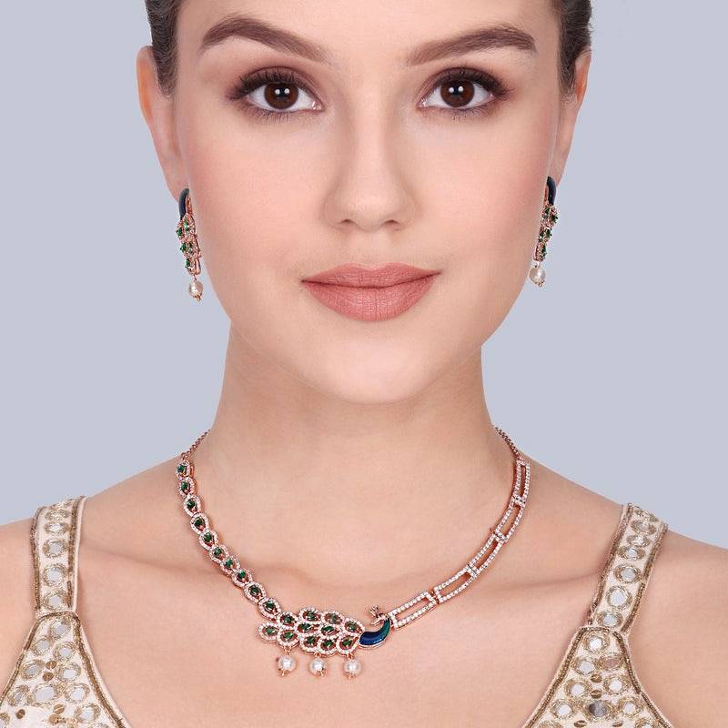 Designer Finish Cz Necklace & Earrings Set | Peacock-Inspired Motif | Occasion Wear : AD-917-RGGNNKER