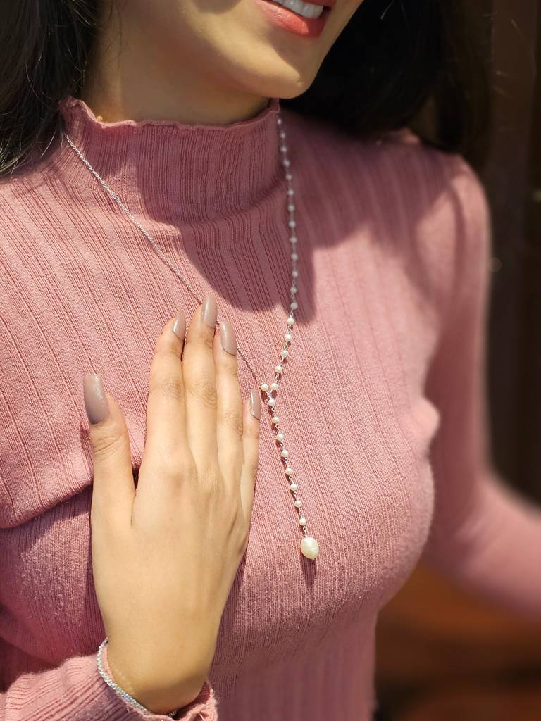 925 Silver Pearl Drop Lariat Necklace : IS-NC-PC-1174