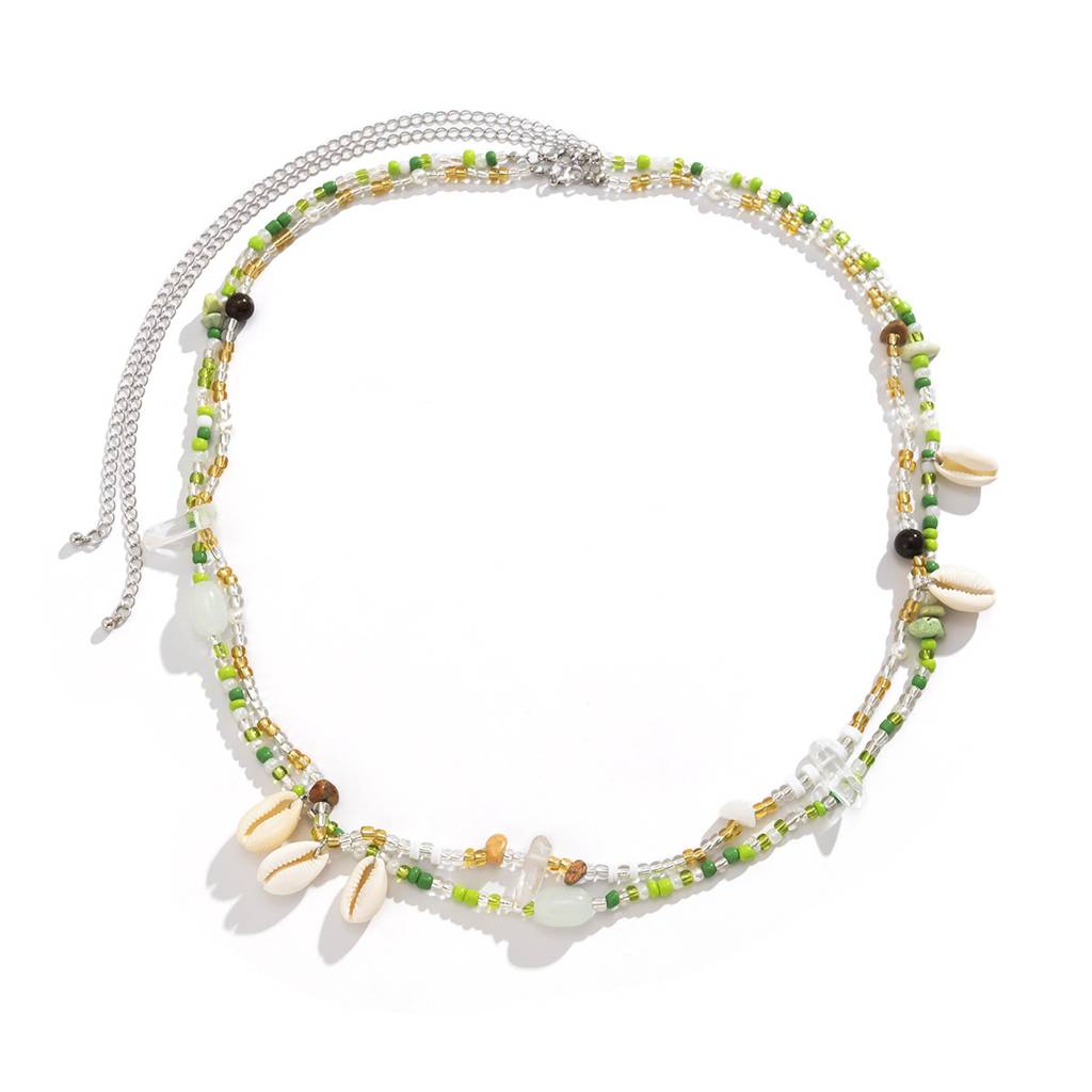 Set Of 2 Boho Style Shell With Green & Brown Beads Beaded Waist Chain : AMU0125WC388