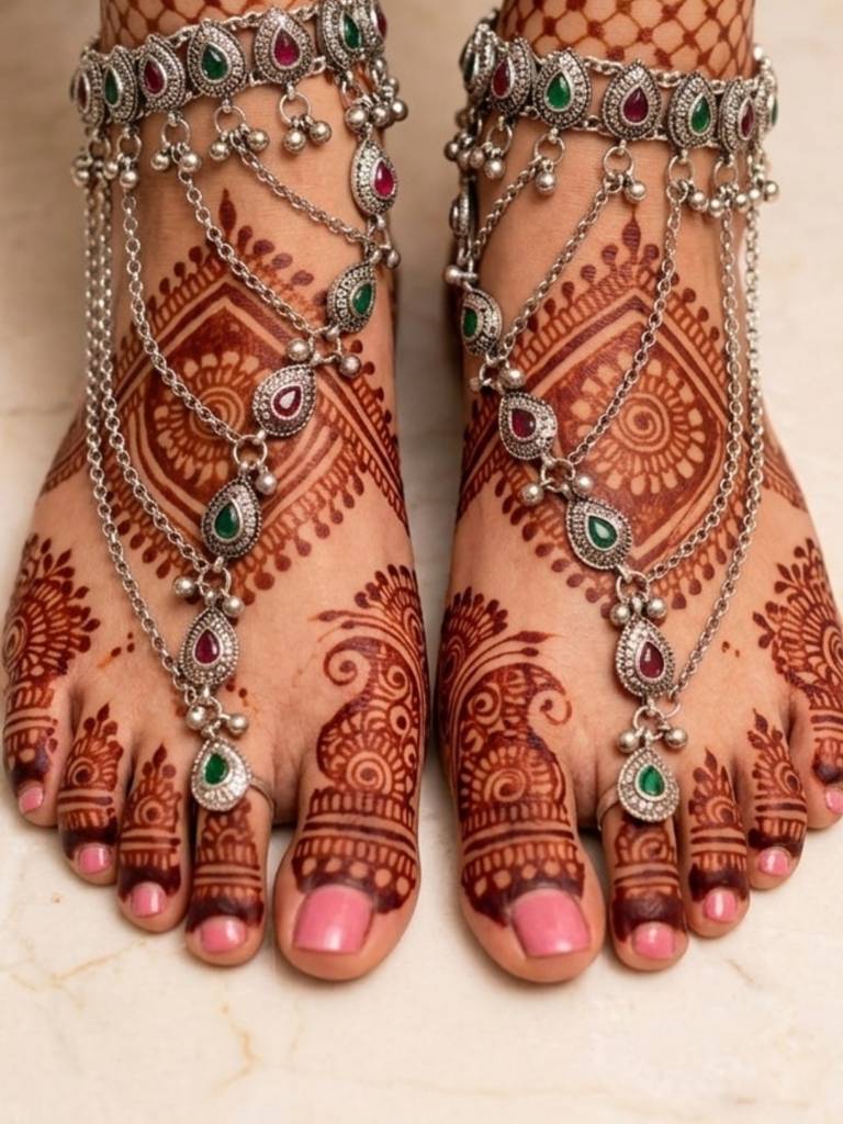 Oxidised Silver-Plated Kundan Stone-Studded Layered Anklet With Toe Ring : VI26ANK10006