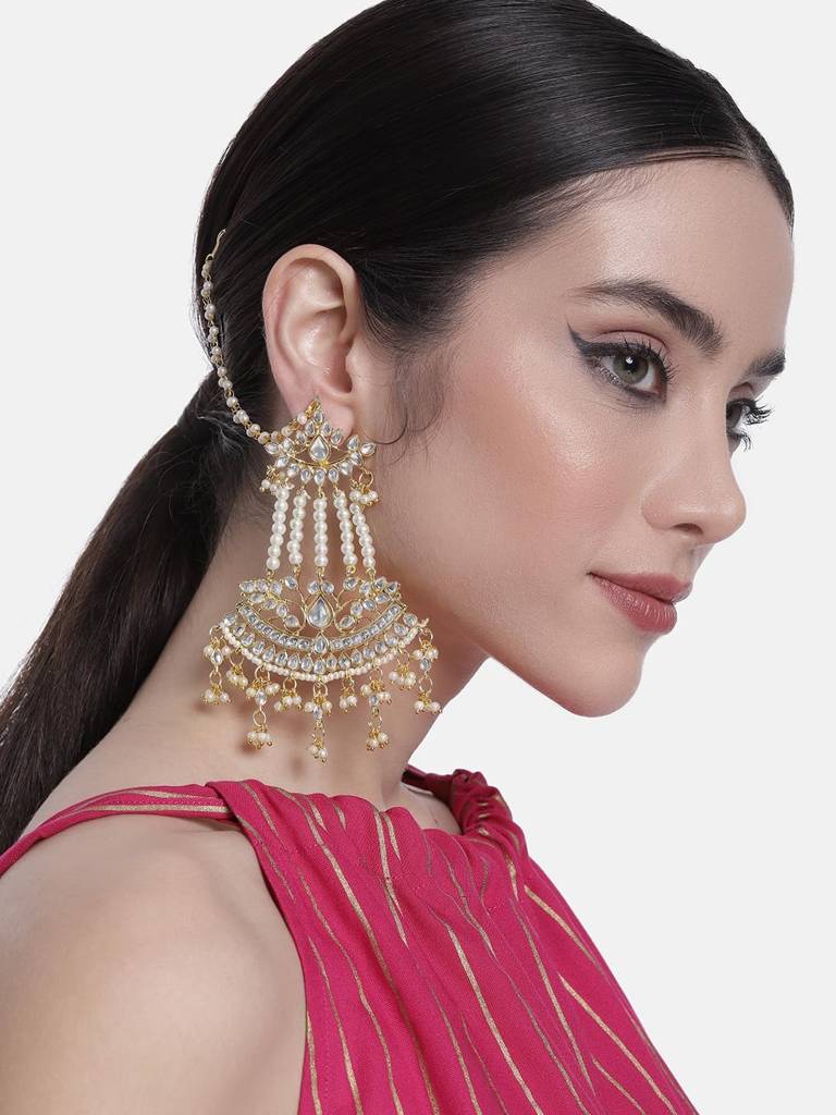 Peora White Baby Pearls & Kundan Studded Drop Earrings With Chains Gift For Women : PF37E2464W