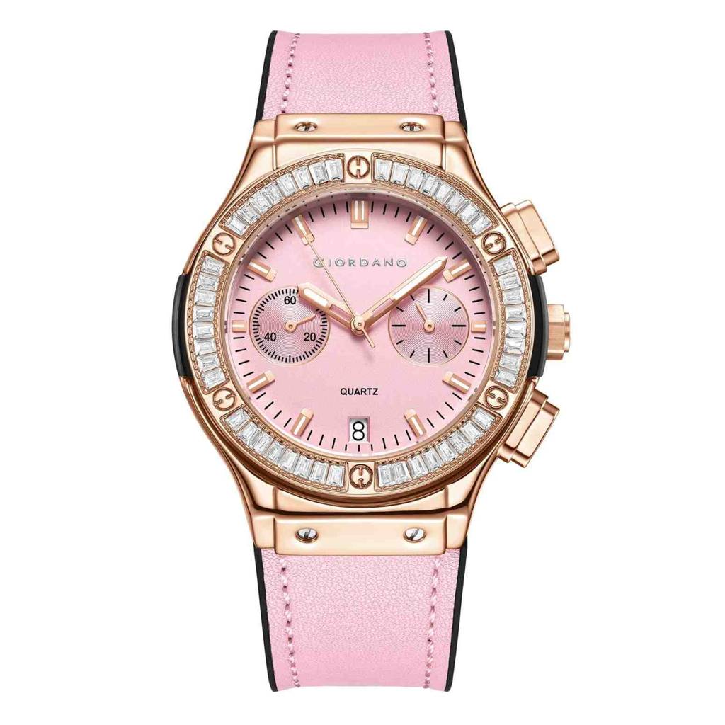 Giordano Analog Watch For Women Â Round Dial, Leather Strap, Crystal-Studded Bezel With Quartz Movement : GZ-60093-04