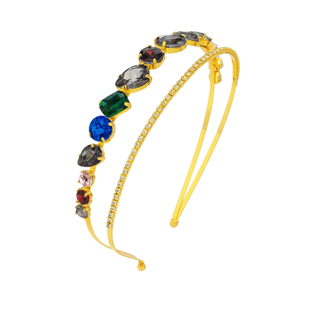 Gold Crystal Rhinestone Double Layer Hairband For Women | Elegant Wedding Party Headband With Multicolor Stones : M4SK-A3