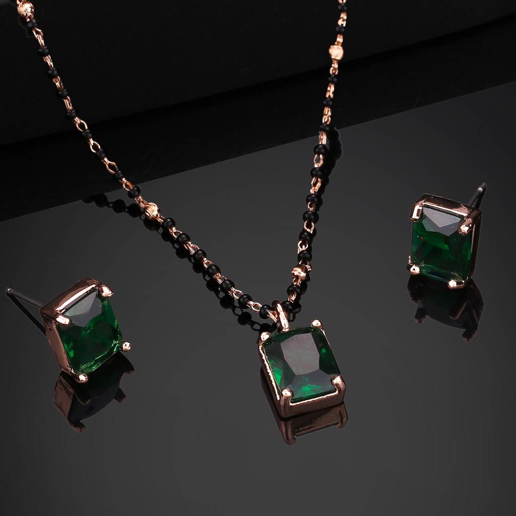 Estele Rose Gold Plated Cz Square Mangalsutra Necklace Set With Emerald Stone For Women
