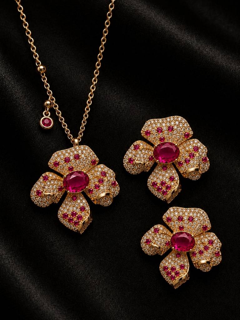 Boccio Pave Flower Necklace & Earring Set, 18K Gold-Plated : SET954RSSF