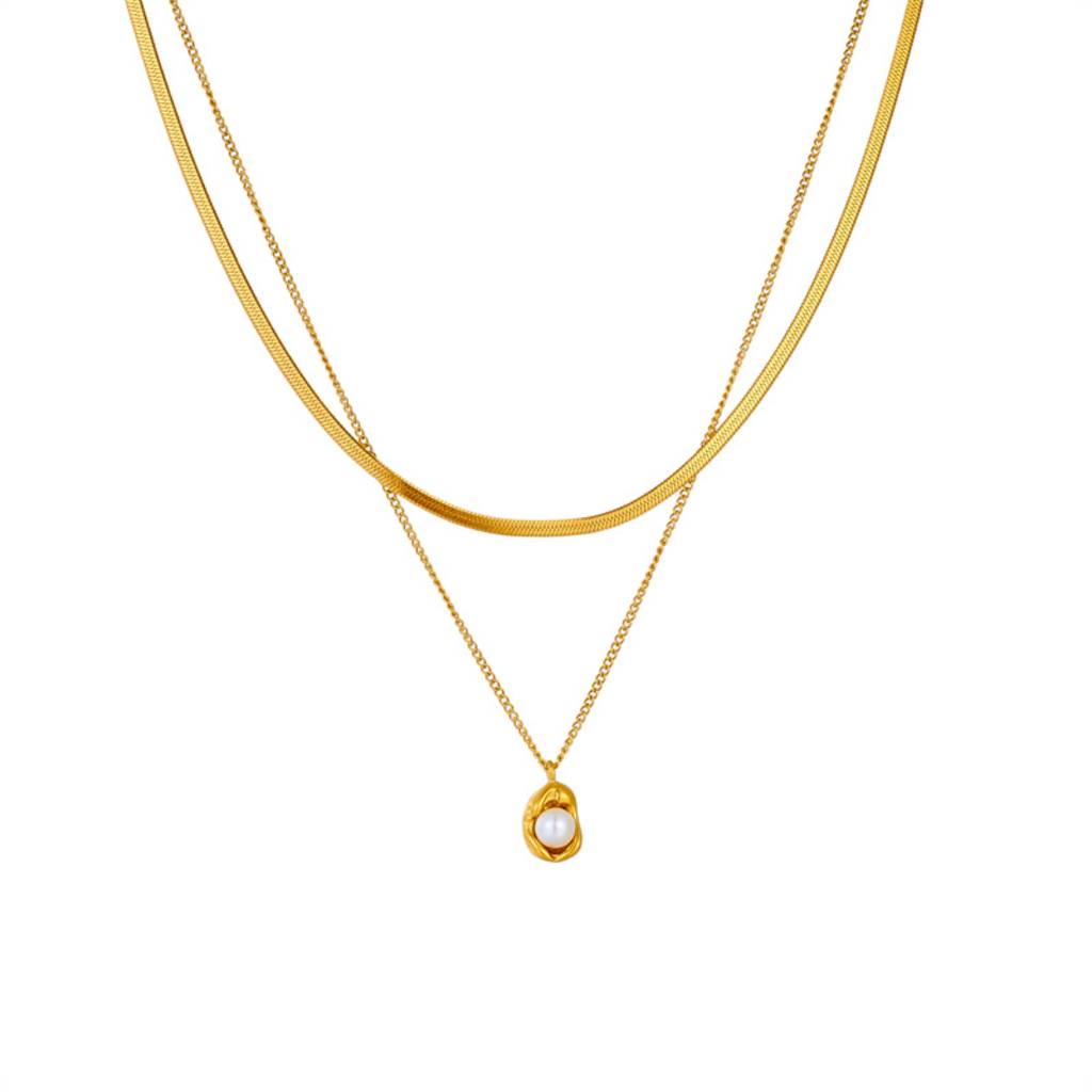 18K Gold Plated Stainless Steel Pearl And Snake Chain Layered Necklace : ATO0624N200G